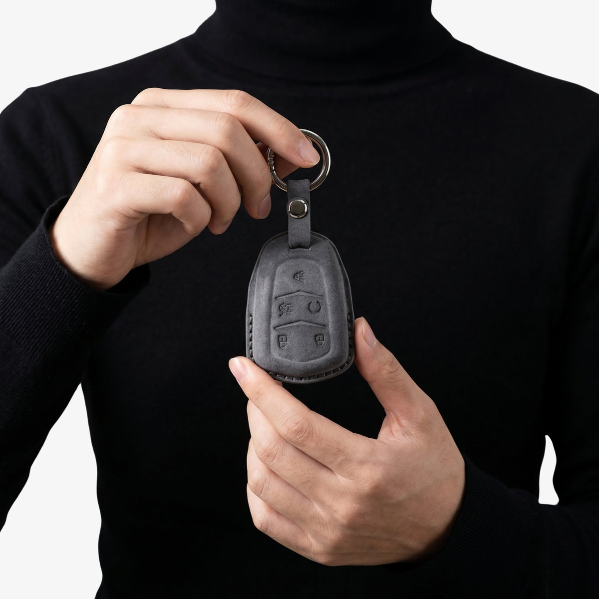 Alcantara Car Key Fob Cover for Cadillac Model B with Buckle - Space Grey 2