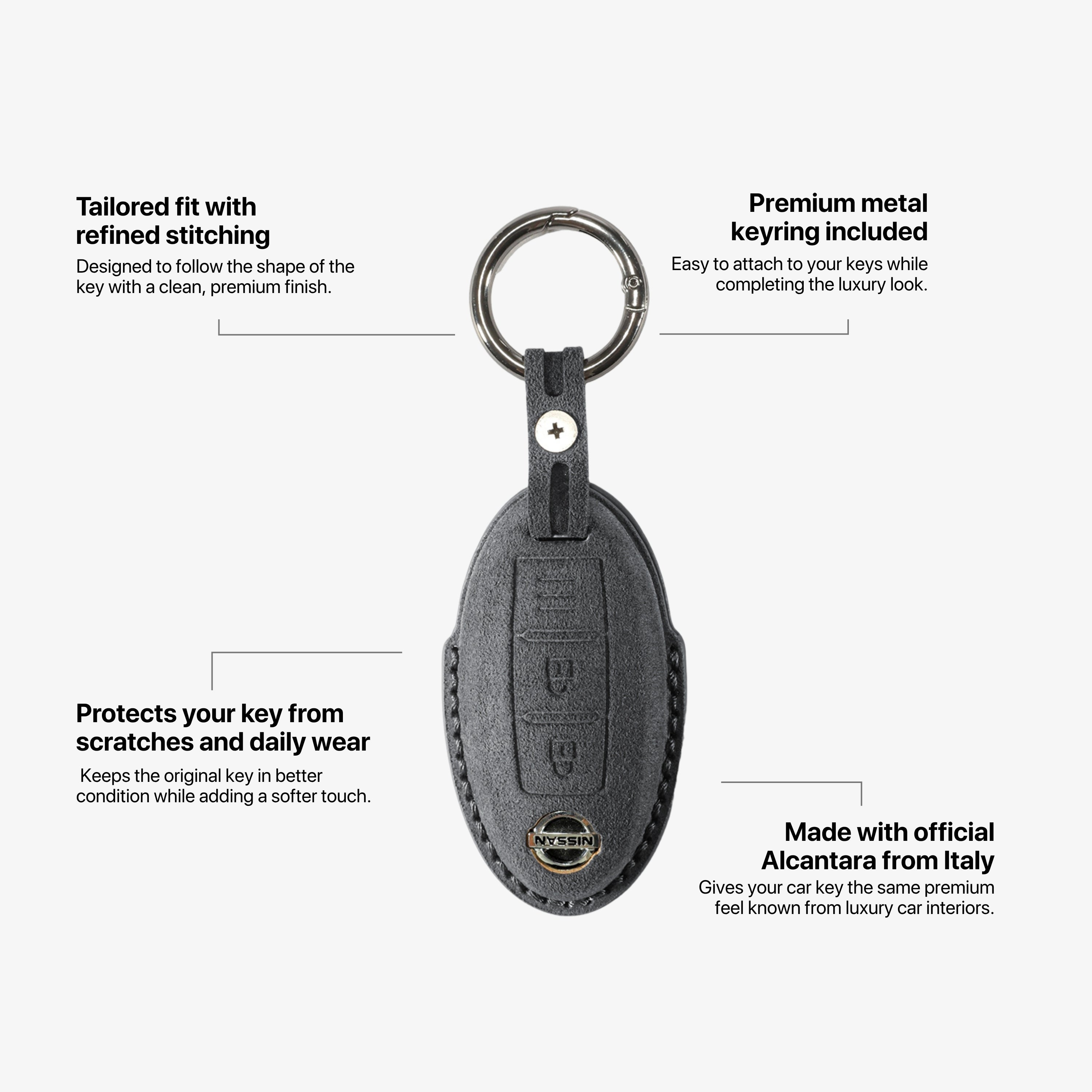 Alcantara Car Key Fob Cover for Nissan Model A - Space Grey