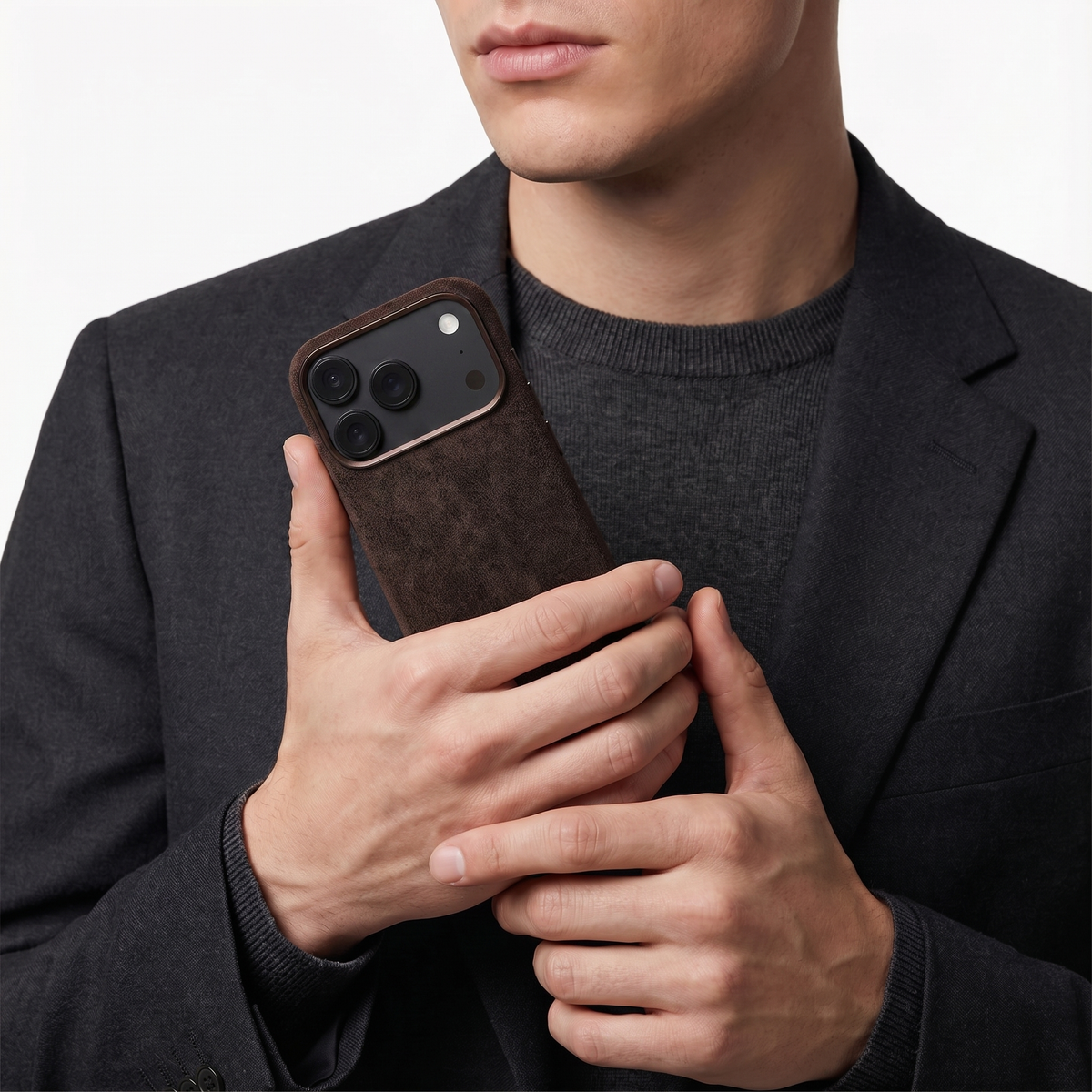 Chocolate Brown Alcantara case for iPhone 18 Pro held in hands #iPhone model:_iPhone 18 Pro|iPhone 18 Pro Max