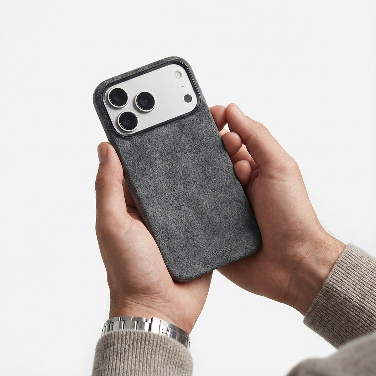 Space Grey Alcantara case for iPhone 17 Pro Max with a soft suede finish