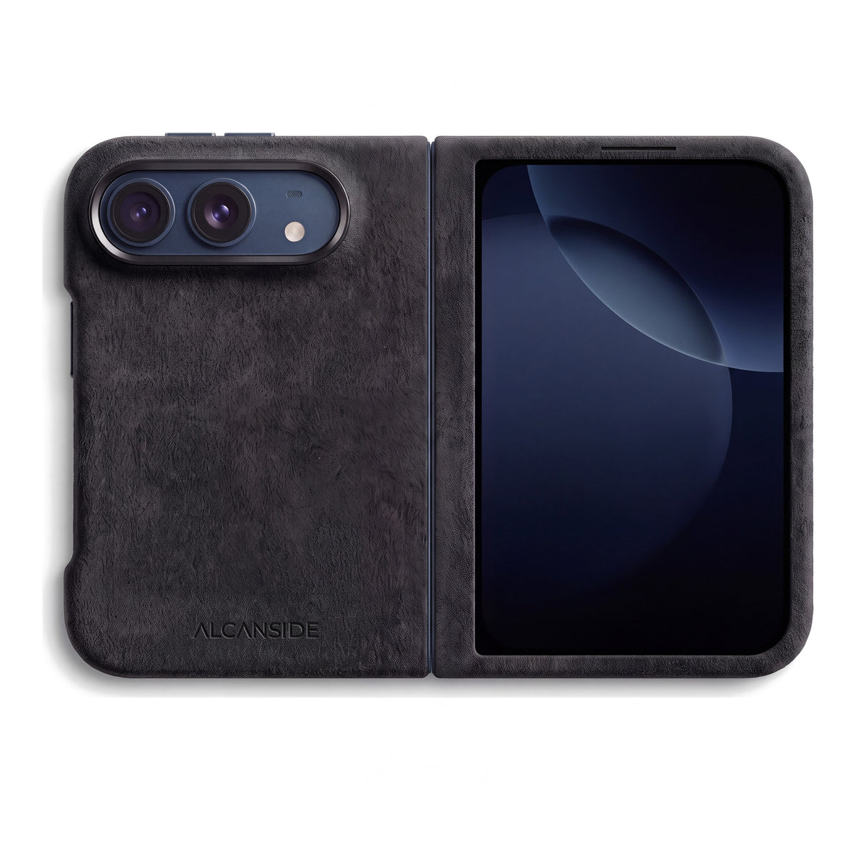 Deep Black Alcantara case for iPhone Duo, unfolded, back with the camera
