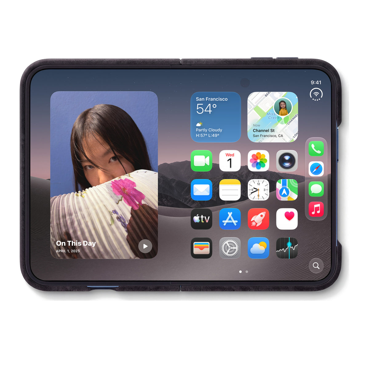 iPhone Duo unfolded in the Deep Black Alcantara case, inner display