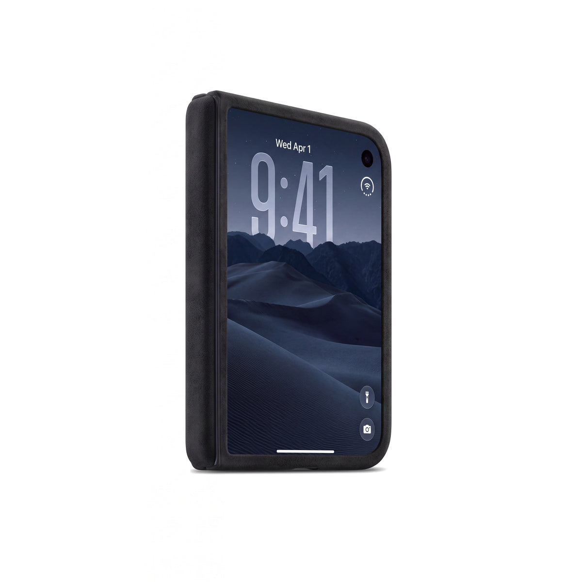 Deep Black Alcantara case for iPhone Duo, closed, cover display