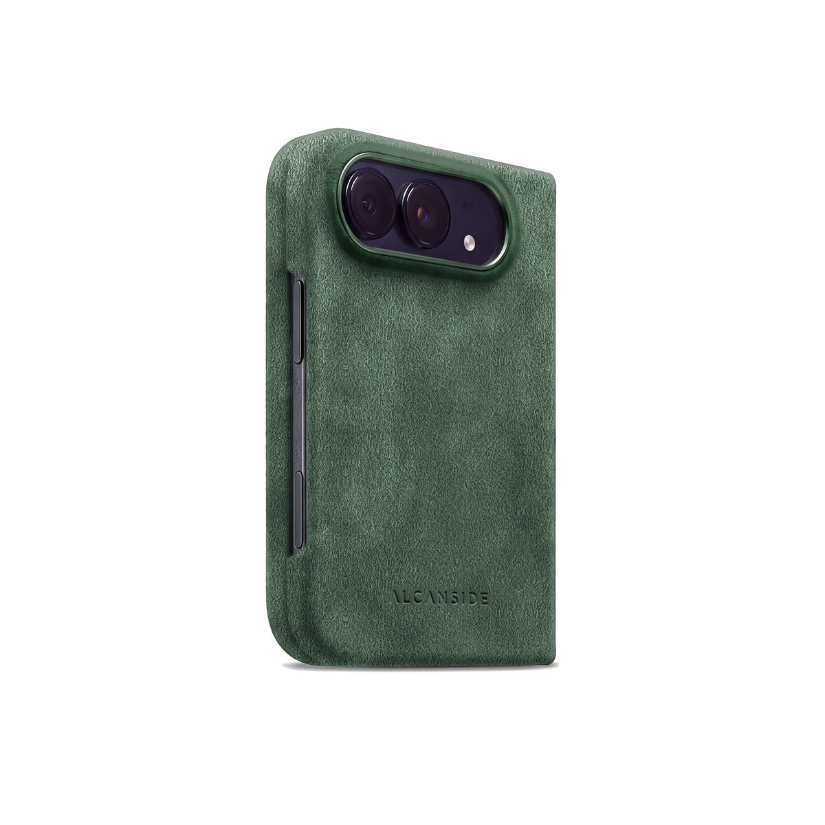 Midnight Green Alcantara case for iPhone Duo, closed, three-quarter view with the button cutout