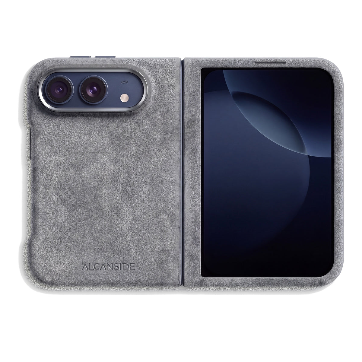 Nardo Gray Alcantara case for iPhone Duo, unfolded, back with the camera