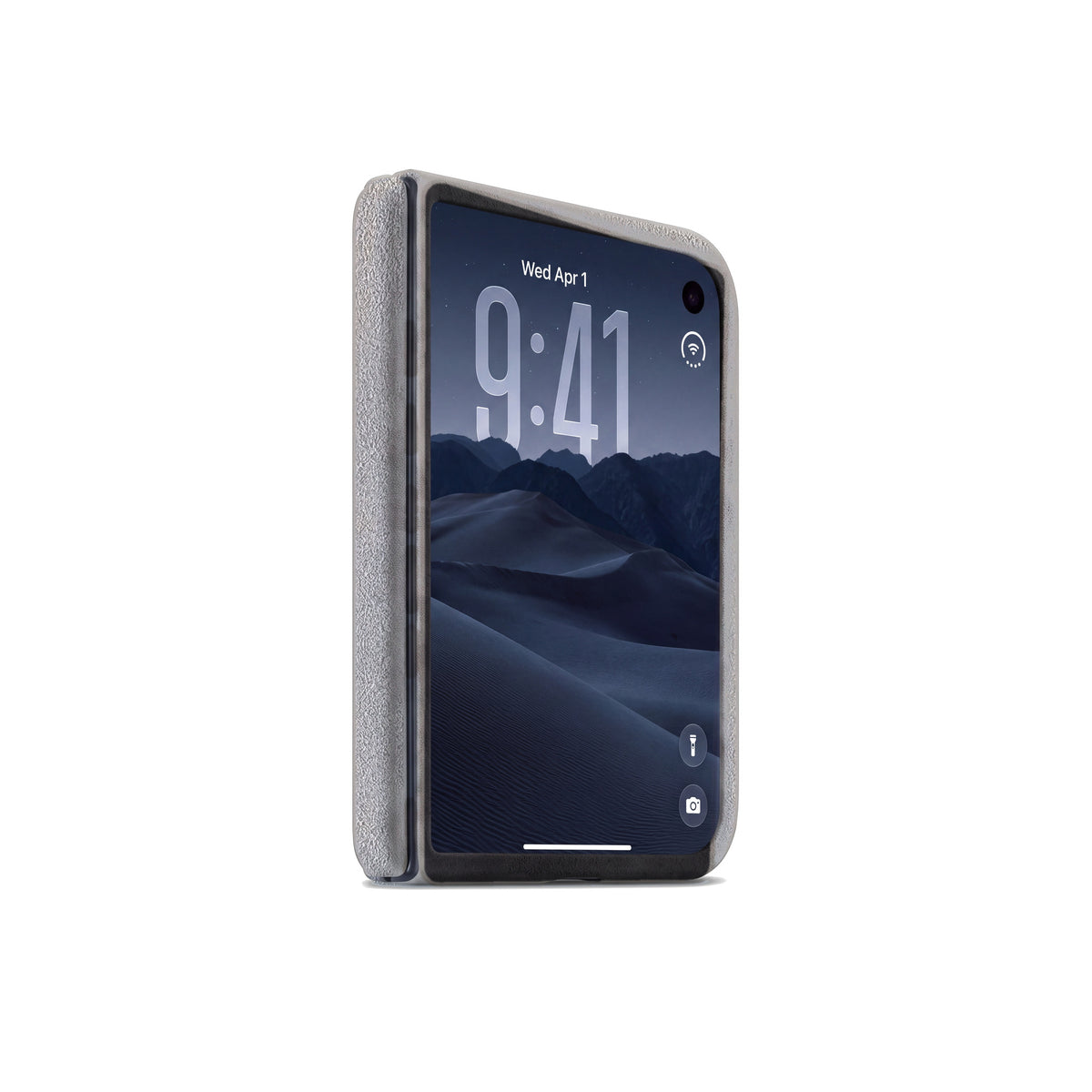 Nardo Gray Alcantara case for iPhone Duo, closed, cover display