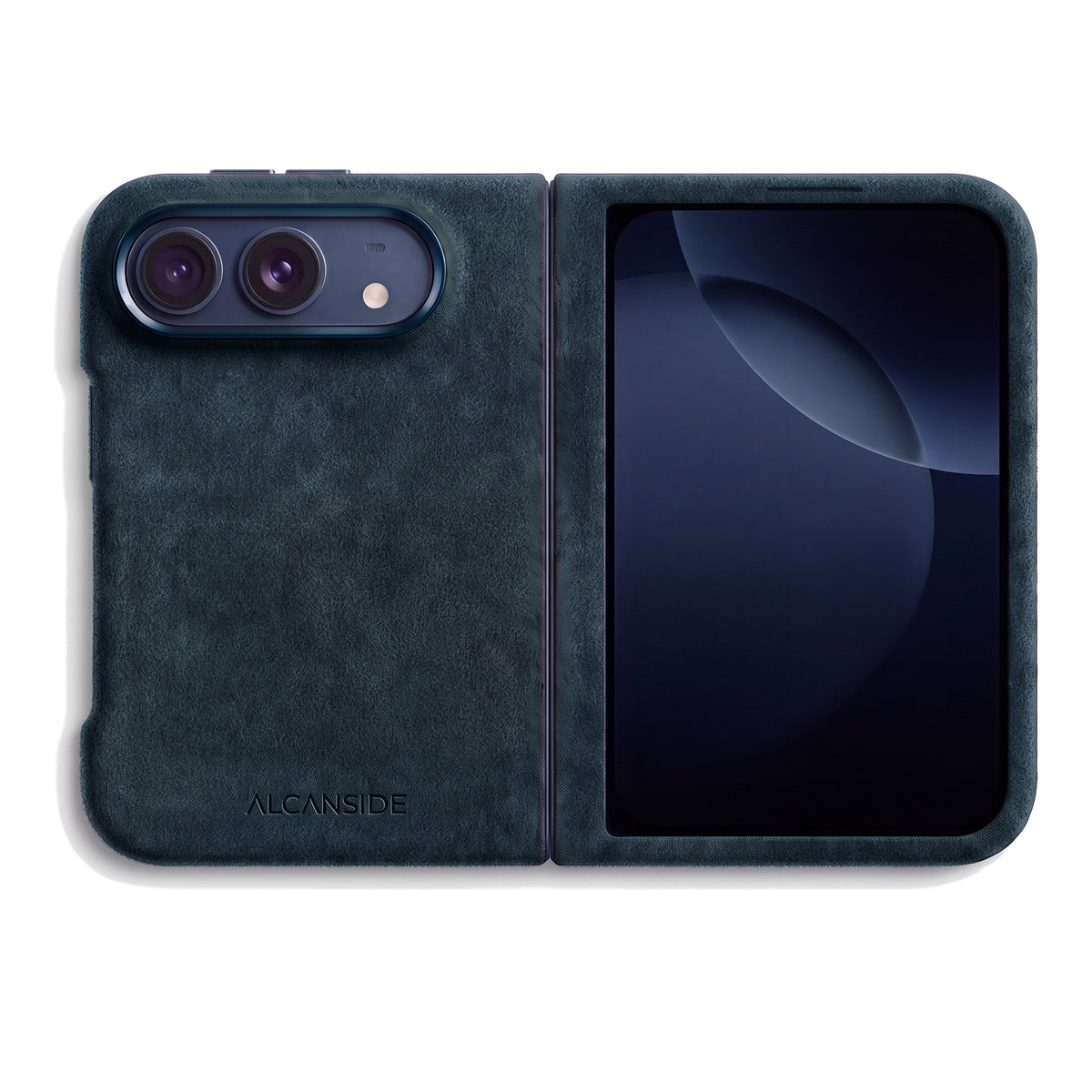 Navy Blue Alcantara case for iPhone Duo, unfolded, back with the camera
