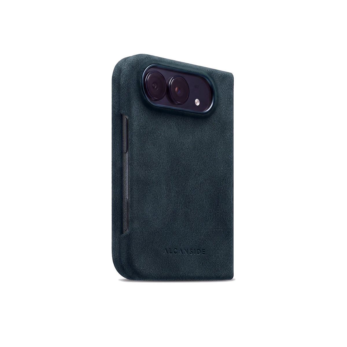 Navy Blue Alcantara case for iPhone Duo, closed, three-quarter view with the button cutout