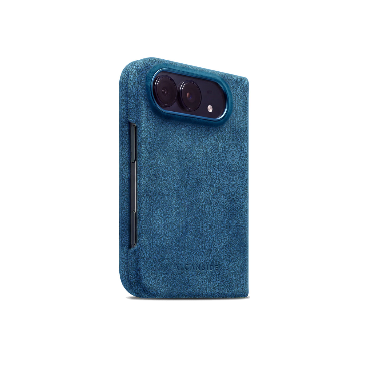 Ocean Blue Alcantara case for iPhone Duo, closed, three-quarter view with the button cutout