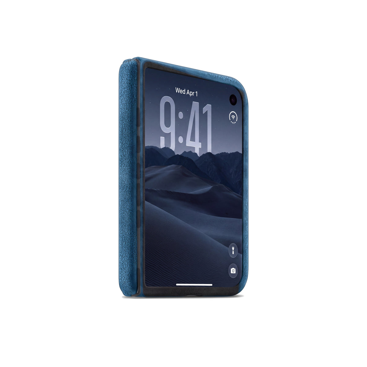 Ocean Blue Alcantara case for iPhone Duo, closed, cover display