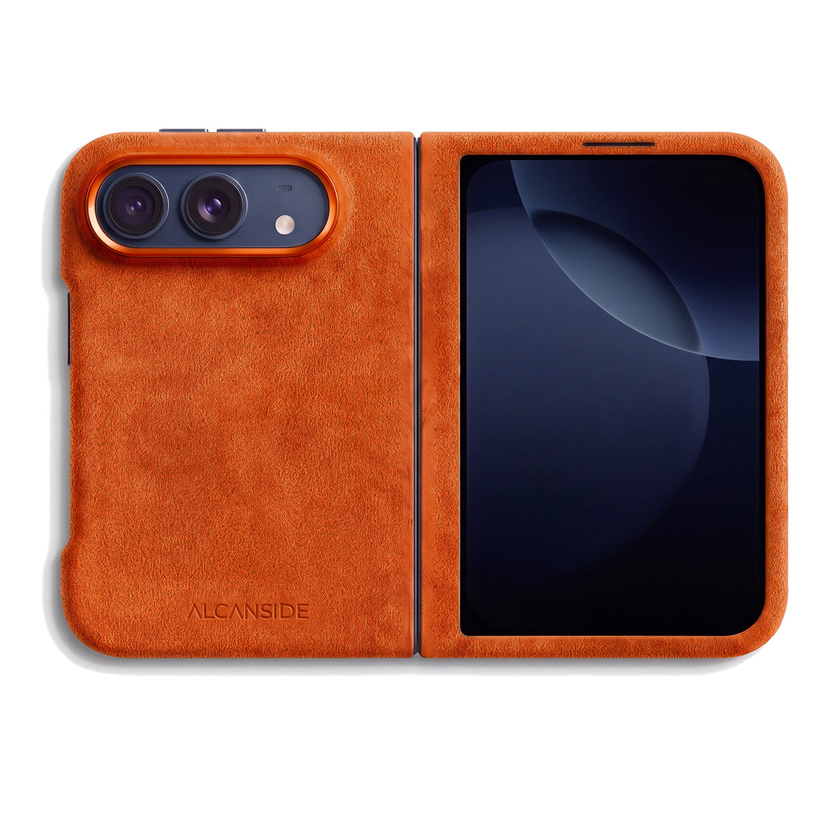 Orange Alcantara case for iPhone Duo, unfolded, back with the camera