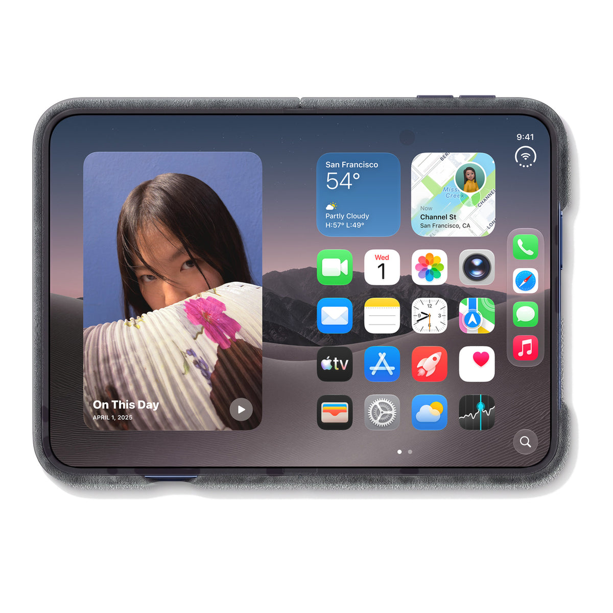 iPhone Duo unfolded in the Space Grey Alcantara case, inner display