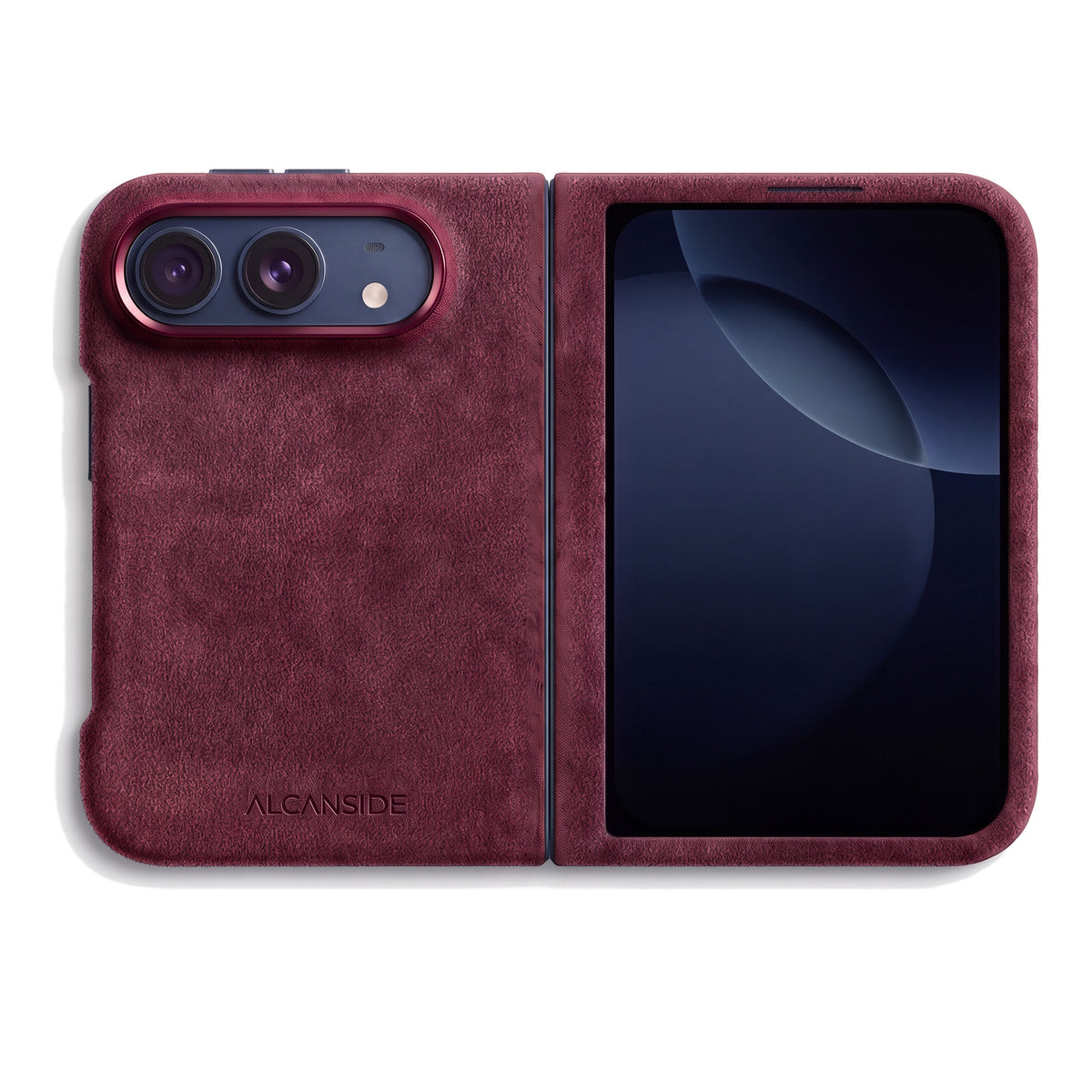 Wine Red Alcantara case for iPhone Duo, unfolded, back with the camera
