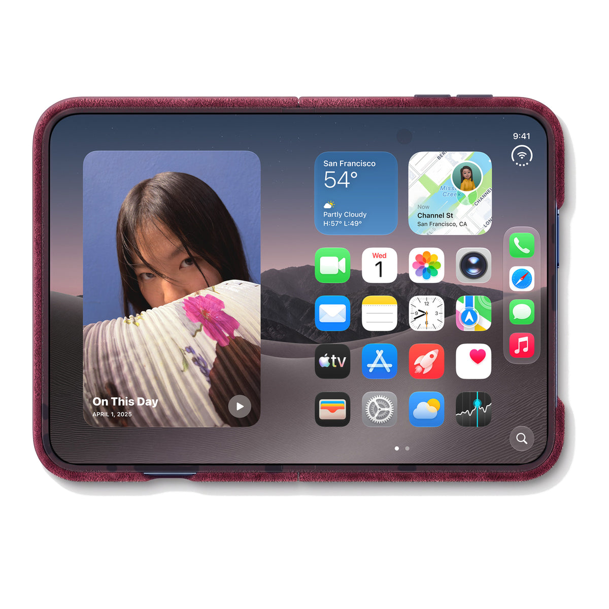 iPhone Duo unfolded in the Wine Red Alcantara case, inner display