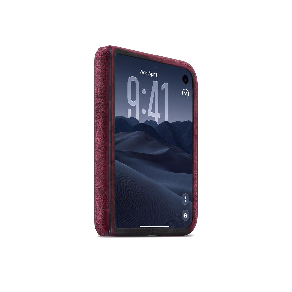Wine Red Alcantara case for iPhone Duo, closed, cover display