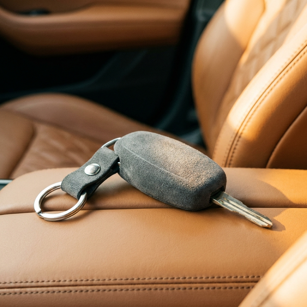 Alcantara key fob cover on a premium car seat