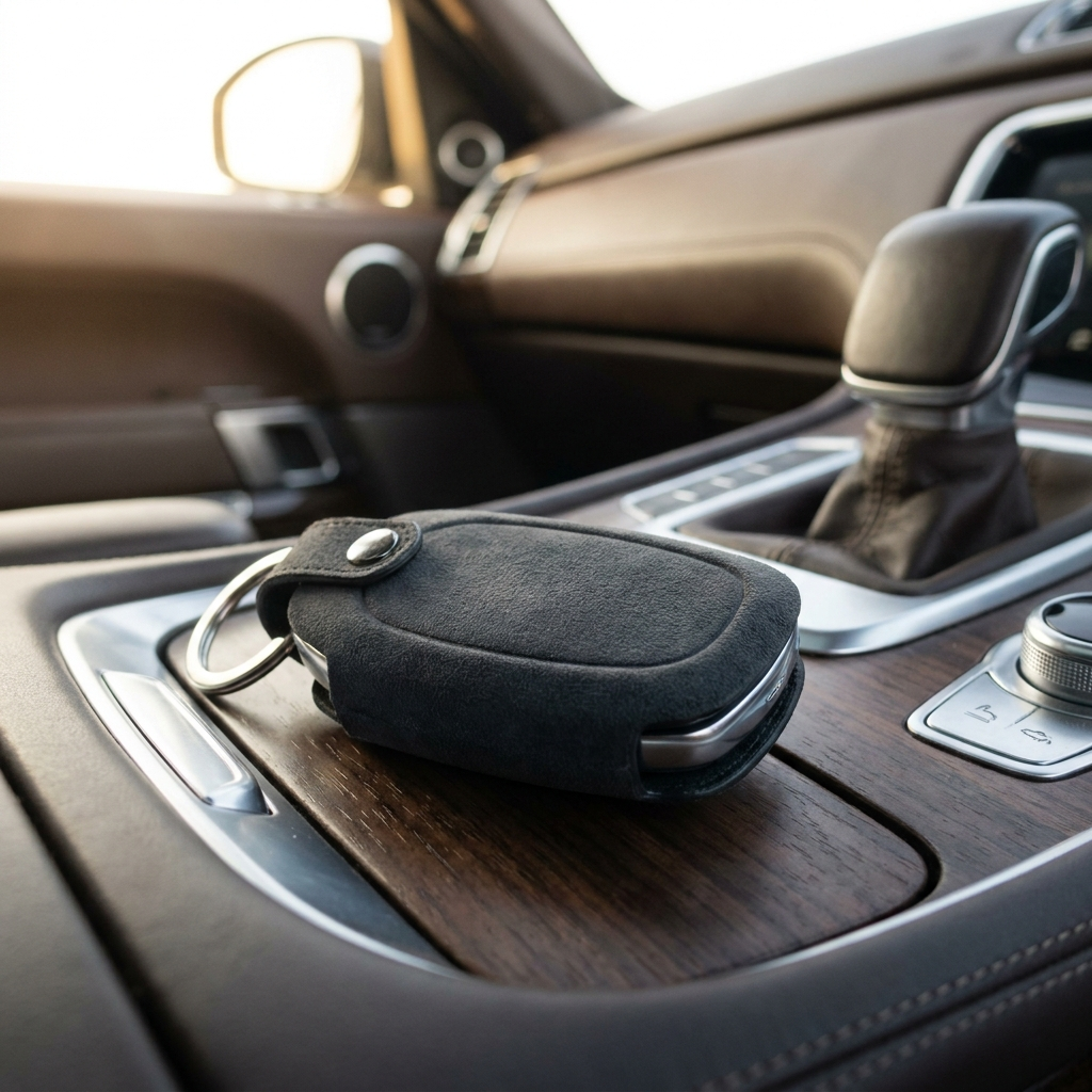 Alcantara key fob cover on a premium car interior