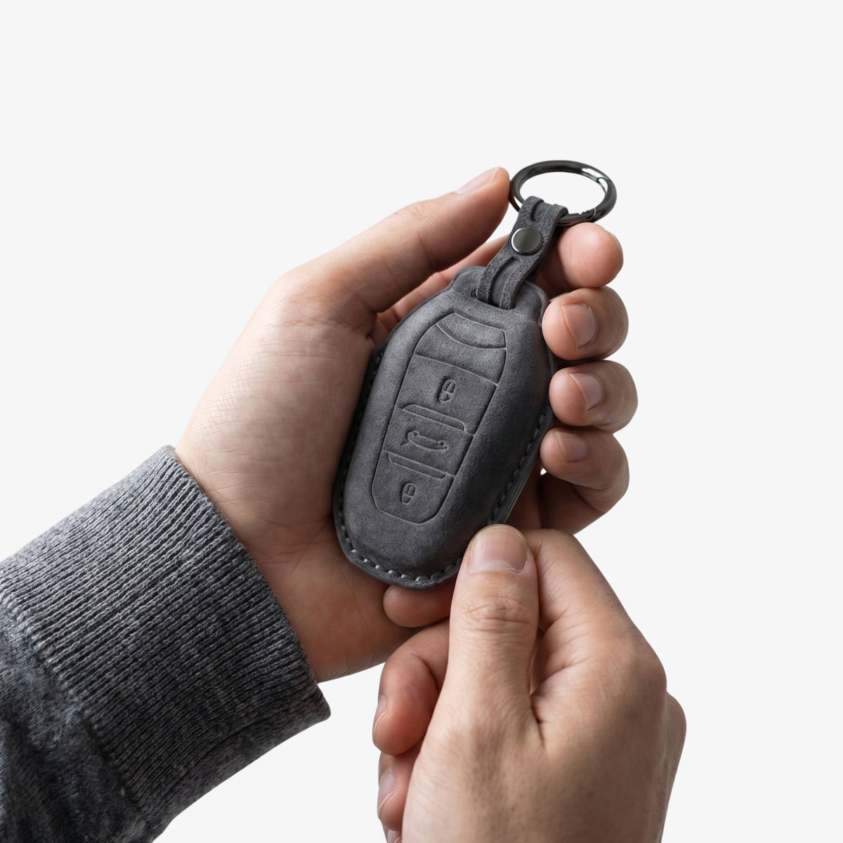 Alcantara Car Key Fob Cover for Peugeot Model A - Space Grey 2