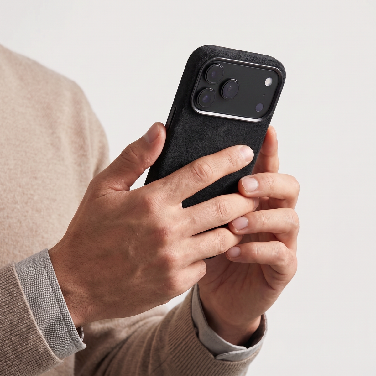 Deep Black Alcantara case for iPhone 18 Pro held in hands #iPhone model:_iPhone 18 Pro|iPhone 18 Pro Max