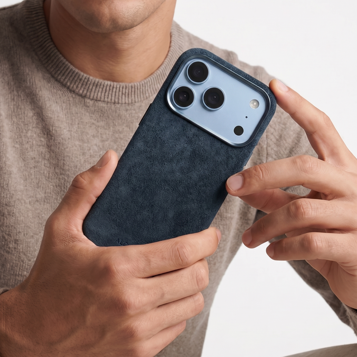 Navy Blue Alcantara case for iPhone 18 Pro held in hands