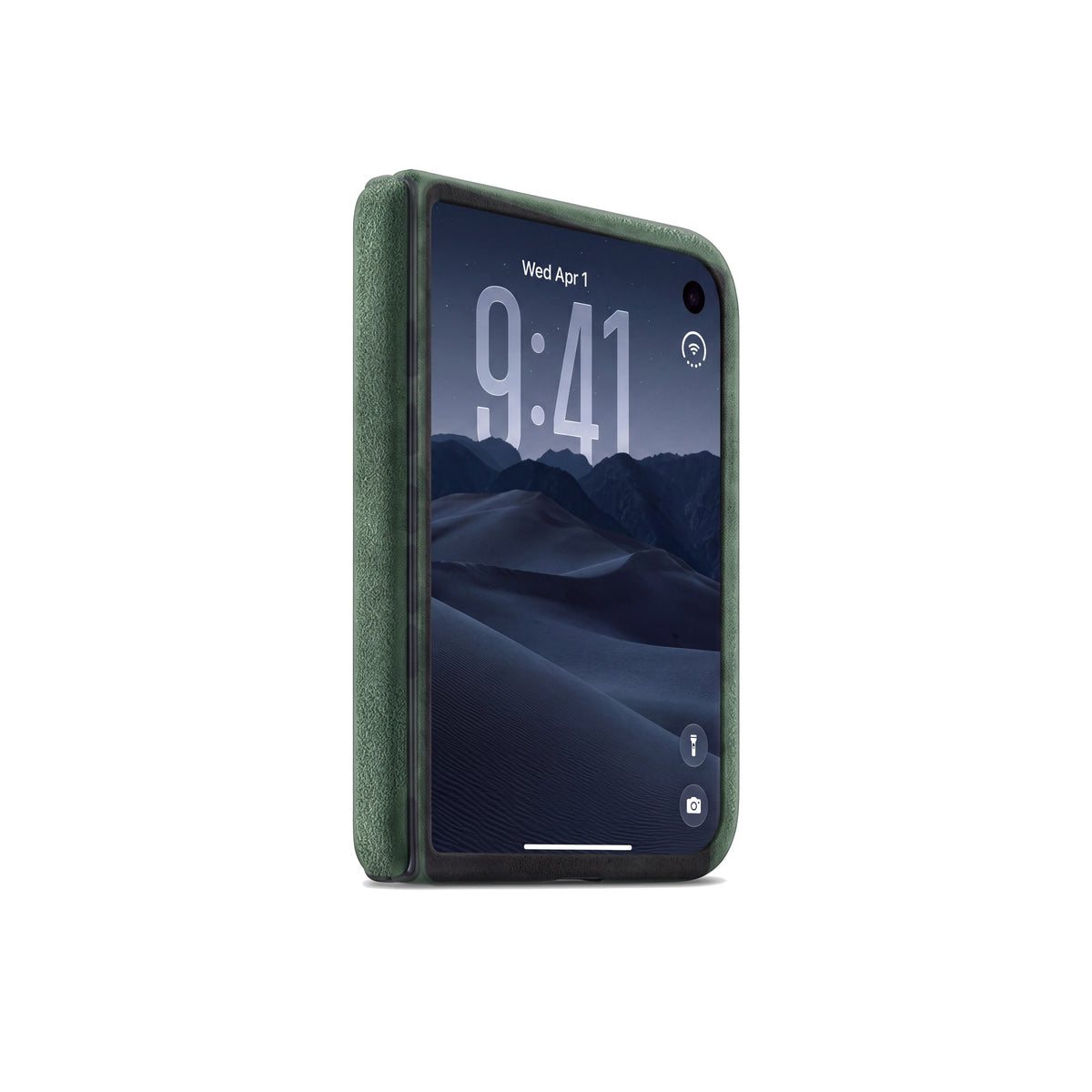 Midnight Green Alcantara case for iPhone Duo, closed, cover display