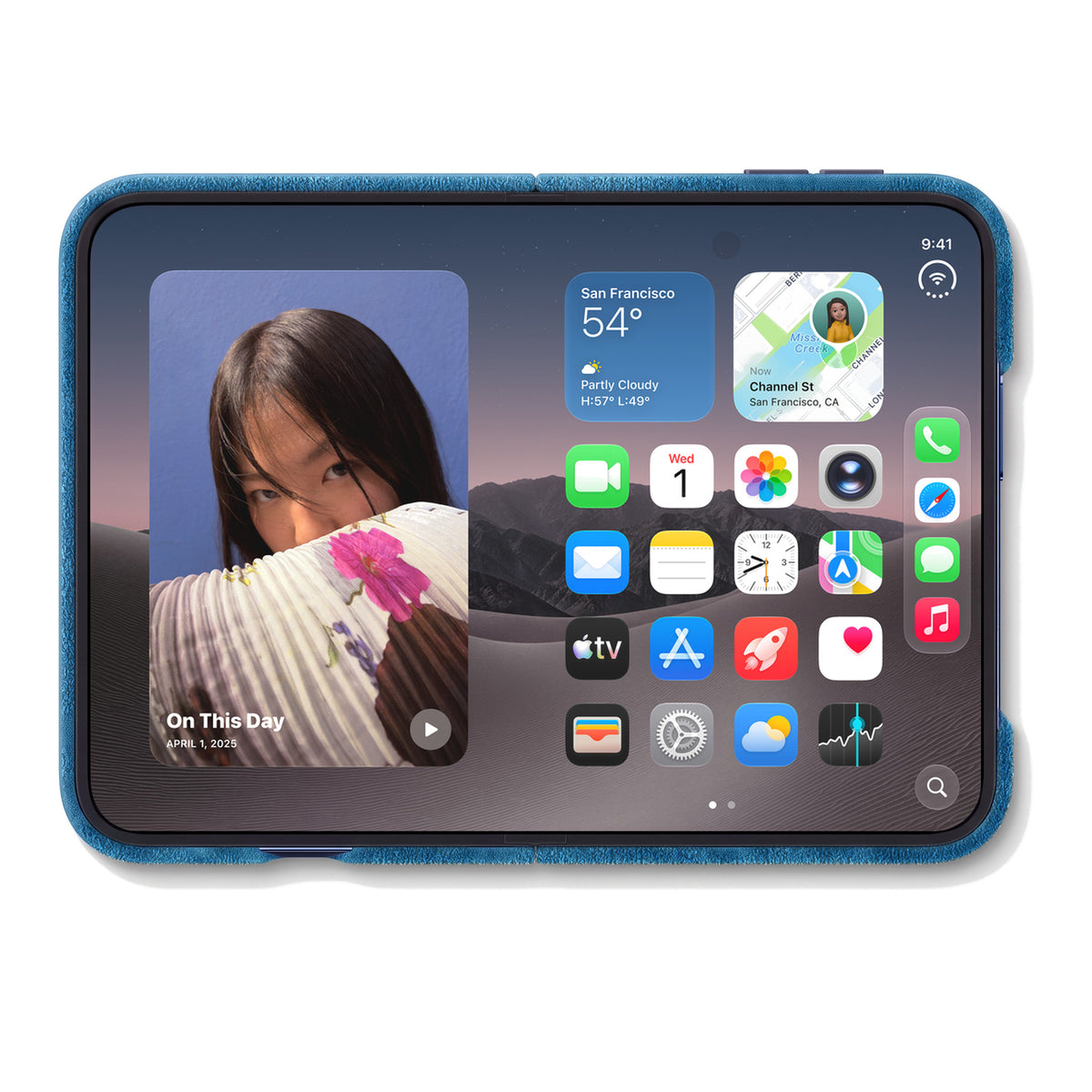 iPhone Duo unfolded in the Ocean Blue Alcantara case, inner display