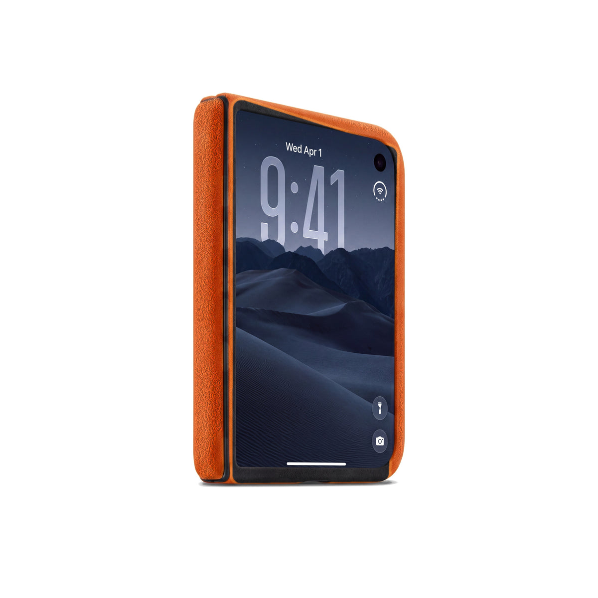 Orange Alcantara case for iPhone Duo, closed, cover display
