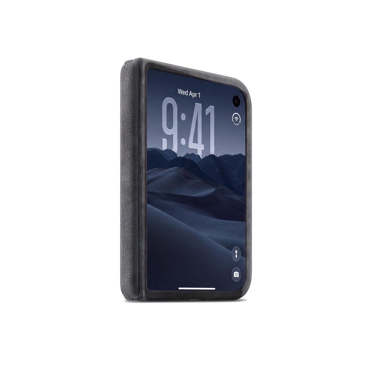 Space Grey Alcantara case for iPhone Duo, closed, cover display