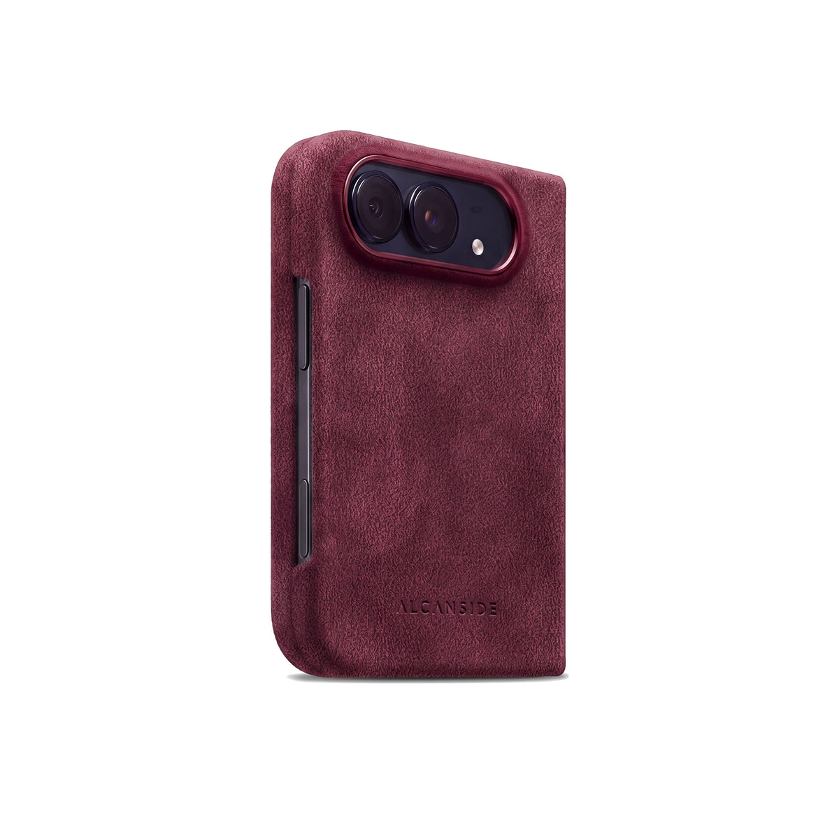Wine Red Alcantara case for iPhone Duo, closed, three-quarter view with the button cutout